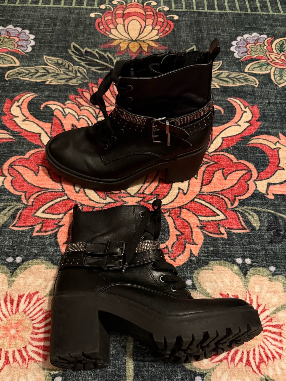 Black Women's Lug-Heel Combat Boots with Buckle Detail